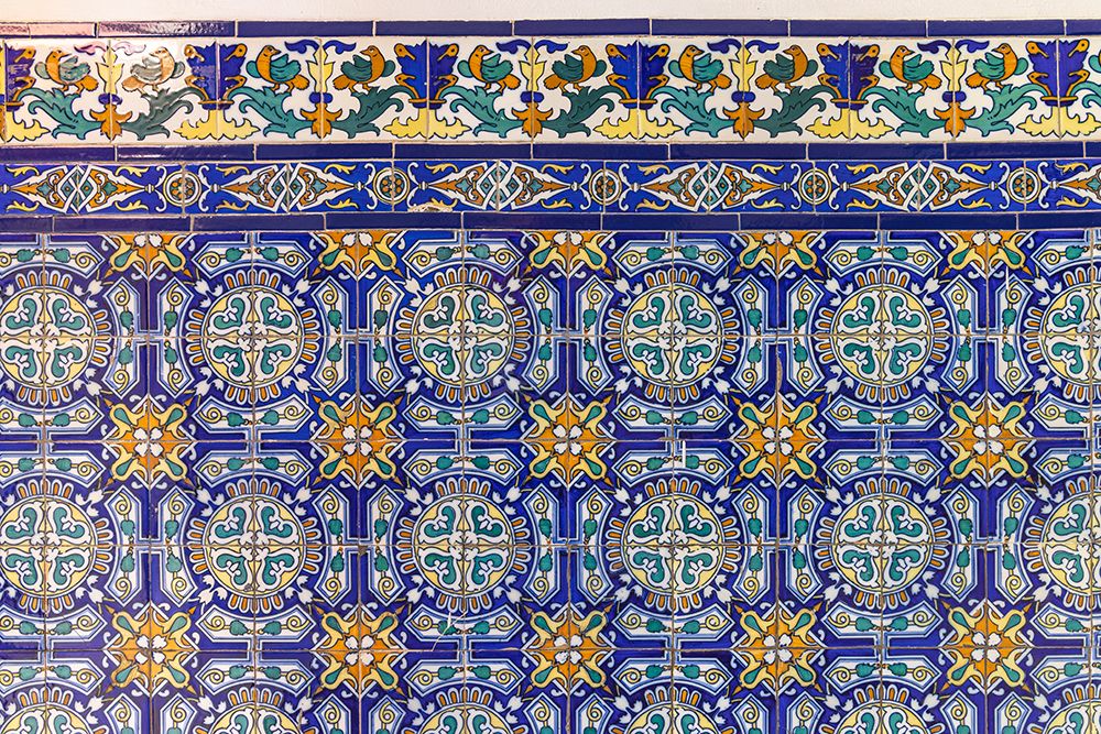 Albaicin, Province of Granada, Andalusia, Spain. Colorful decorative tiles on a building.